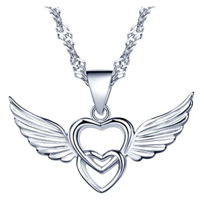 Image of Yumilok Jewelry 925 Sterling Silver Interlocking Hearts Angel Wings Pendant Necklace for Women/Girls