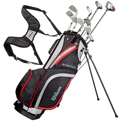 Image of Wilson Amazon Exclusive Beginner Complete Set, 10 golf clubs with stand bag, Men&#039;s (left hand), Stretch XL, Black/Grey/Red, WGG157550