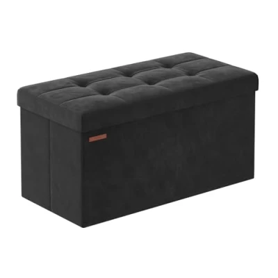 Image of SONGMICS Storage Ottoman, Foldable Small Ottoman Foot Rest, 38 x 76 cm Stool, Cube with Storage, Load up to 300 kg, for Living Room, Bedroom, Entryway, Ink Black LSF247B51