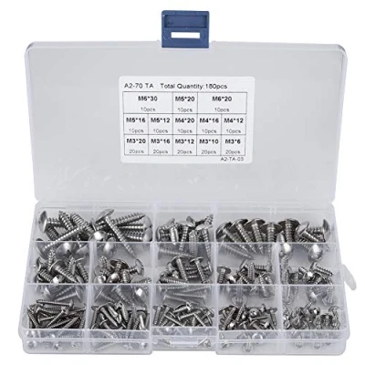 Image of 180Pcs Screws kit,M3 M4 M5 M6 Stainless Steel Flat Head Self Tapping Assortment kit, Wood Kit,with storage box