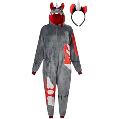 Image of corimori Fluffy Zombie Unicorn Costume for Adults with Headband Halloween Onesie Women Men Height 180 190 cm