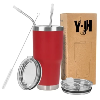 Image of Y·J&amp;H 30oz (850ml) Travel Tumbler Double Wall Vacuum Insulated Coffee Mug Stainless Steel Cup with 2 Splash Proof Lid, Straws &amp; Free Cleaning Brush, BPA Red