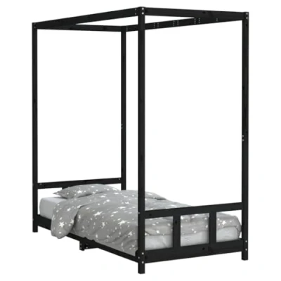 Image of vidaXL Solid Pine Wood Kids Bed Stylish Black 90x190 cm Frame with Canopy Design, Low Height for Easy Access, Sturdy Slats Support