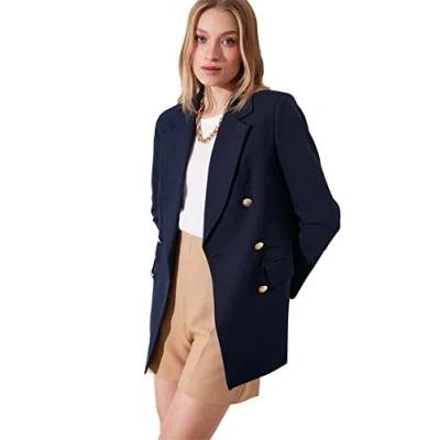 Image of Trendyol Women Plus Size Oversize Double Breasted Lapel Collar Woven Jacket Navy