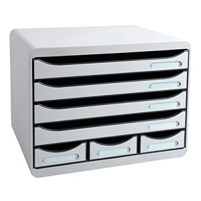 Image of Exacompta Ref 307740D Store Box EcoBlack Plus 7 Drawers Set 270 x 355 271mm in Size, Suitable for A4+ Documents, 3 Small Accessories Light Grey