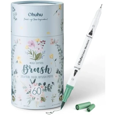 Image of Ohuhu Colouring Pens, 60 Dual Tip Brush Pens Felt Water Based Art Markers with Fineliner, for Kids Adults Book Drawing Calligraphy Sketching Journal, Gift, Maui Series White