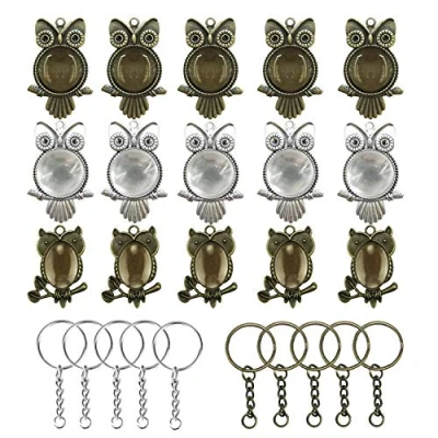 Image of 50 PCS Owl Pendant Trays Kit, Woohome 20 with Glass Dome Tiles Clear Cameo, 10 Buckle, Different Shape Blank Bezels for Jewelry Making