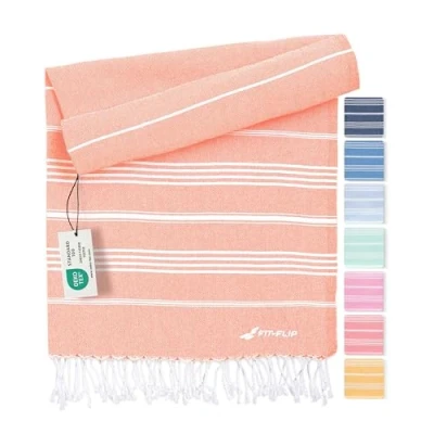 Image of Fit Flip hammam towel beach XXL made from 100% recycled cotton Quick drying Turkish towels, fouta, pestemal towels ideal as a blanket Peach 100x200cm Sultan
