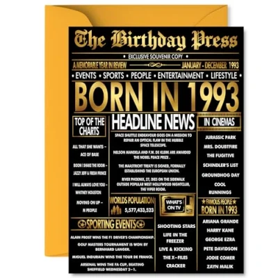 Image of Gold 32nd Birthday Card for Men Women Black &amp; Golden Newspaper Born in 1993 Happy 32 Cards Husband Uncle Neighbour Brother Daughter Wife, A5 Bday Greeting
