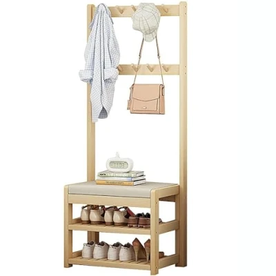 Image of Wooden Coat Rack with Shoe Bench, Garment Entryway Hallway 2 Tier and 10 Hooks, Freestanding Clothes Rail for Bedroom Living Room 60/70/80CM