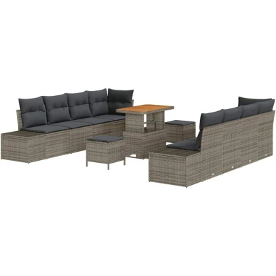 Image of vidaXL 11 Piece Garden Sofa Set with Cushions Grey Poly Rattan Acacia