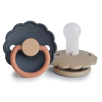 Image of FRIGG Daisy Silicone Pacifier Pack of 2 Soother Dummy BPA Free Made in Denmark Symmetrical Cherry Shaped Nipple (Aurora/Croissant, Size (6 18 Months))