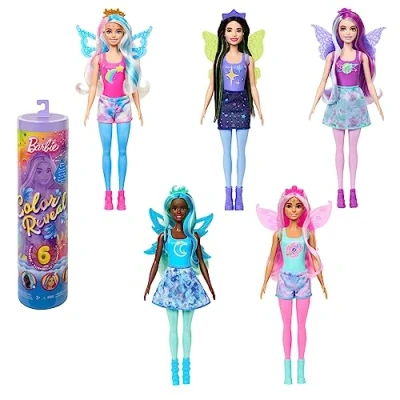 Image of Barbie Color Reveal Doll with 6 Unboxing Surprises, Rainbow Galaxy Series Celestial Sparkle &amp; Change, HJX61