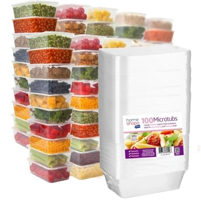 Image of HOMESHOPA Plastic Food Storage Containers, 100 Pack 500ml Clear Rectangular Microwave Takeaway Tubs with Lids, BPA Free Stackable Airtight Reusable, Dishwasher &amp; Freezer Safe