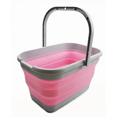 Image of SAMMART 12L Collapsible Rectangular Handy Basket/Bucket (Grey/Pink)