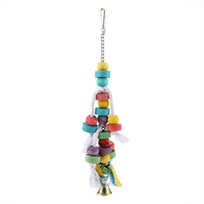 Image of Bird Chewing Toy, Colorful Natural Wood Hanging Molar Toys with Bell Parrot Cage Bite Toy for Macaw African Grey Amazon Cockatoo Budgies Parakeet Cockatiel Lovebird