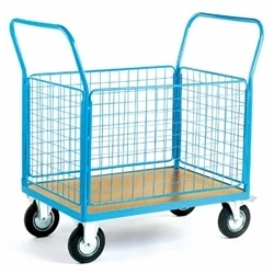 Image of 4 Mesh Sides Platform Truck; 1500x800x1050; Castors; Steel Blue/Veneer