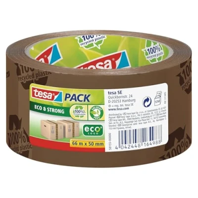 Image of tesapack Eco &amp; Strong Environmentally Friendly Packing Tape Made of 100% Recycled Plastic, UV Resistant and Age Brown Printed 66 m x 50 mm