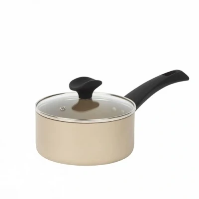 Image of Salter BW11107EU7 Saucepan With Lid Non Stick Induction Suitable Cooking Pot, Aluminium Soup/Sauce Milk Pan, Easy Clean, Soft/Cool Touch Handle, 10 Year Guarantee, Olympus Collection, 16 cm, Gold