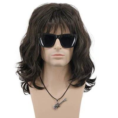 Image of VGbeaty 70s 80s Punk Rocker Wig Men Women Long Wave Dark Brown Hippie Party California Halloween Costume Cosplay