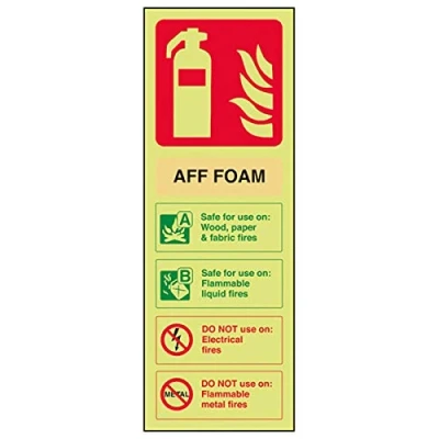 Image of V Safety Glow In The Dark Aff Foam Id Fire Extinguisher Sign 100mm x 280mm Rigid Plastic
