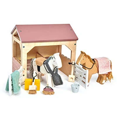 Image of Tender Leaf Toys Wooden Horses and Stables Toy With Accessories Dolls House Pet Set Imaginative Game Play For Children