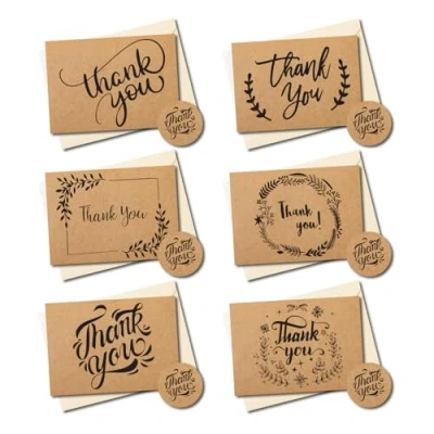 Image of 36 Pack Thank you cards multipack with envelopes, notes for Kids,Weddings,Graduation, Cream paper envelopes and brown kraft 40 stickers