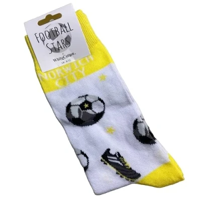 Image of WHITE COTTON CARDS Norwich City The Canaries Football Club FC Fan Novelty Socks. Size UK Large 8 12 (S FN102)