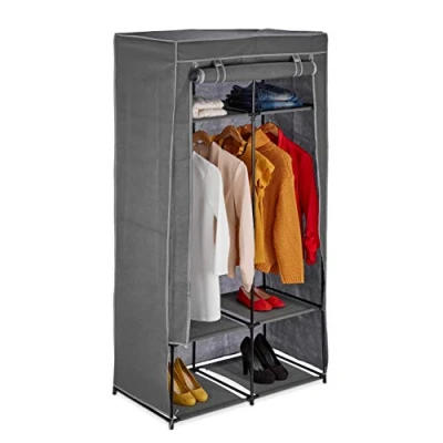 Image of Relaxdays Fabric Wardrobe with 2 Rails &amp; 6 Shelves, HWD: 172 x 90 45 cm, Folding Closet, Clothes Storage, Grey, Iron
