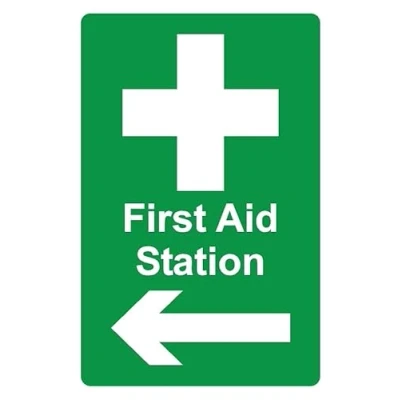 Image of First aid station left arrow safety sign Self adhesive sticker (300mm x 200mm)