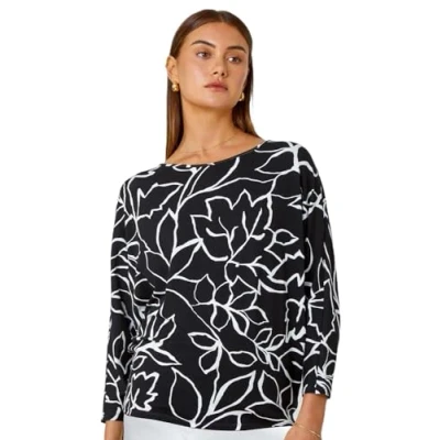 Image of Roman Originals Contrast Floral Linear Print Stretch Top for Women UK Ladies Everyday Autumn Winter Round Neckline Comfy Soft Evening Vacation Work Party Night Out Black Size 12