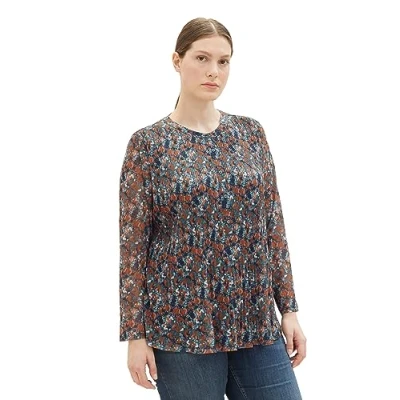Image of TOM TAILOR Women&#039;s 1039920 Mesh Long Sleeved Shirt Blouse with Pattern, 32370 navy Small tie dye Floral, 22