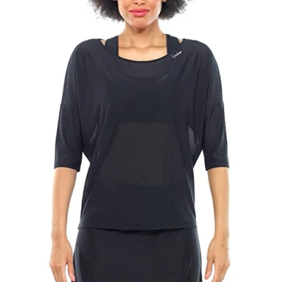 Image of WINSHAPE Women&#039;s Dt107 Functional Lightweight Transparent ¾ Sleeve Mesh Dance Top T Shirt, Black, XL