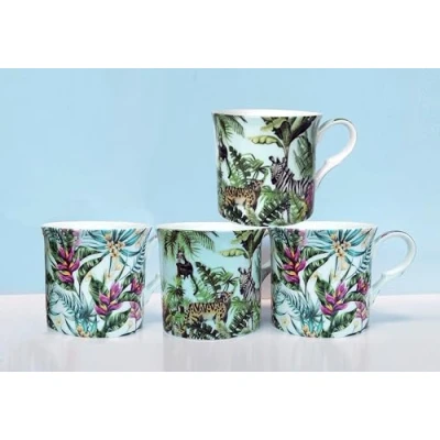 Image of heritage FINE Bone China Set of 4 Mugs Gift Boxed Tropical Safari Design (4)