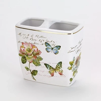 Image of Avanti Linens Toothbrush Holder, Ceramic Bathroom Accessories, Floral Home Decor (Butterfly Garden Collection)