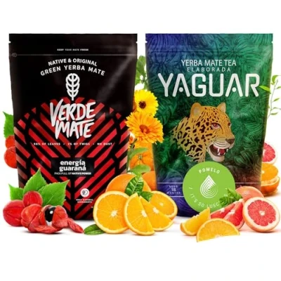 Image of Double set of yerba mate 2x500g Verde Green Energia guarana and Yaguar Pomelo Stimulating with fruits Natural caffeine Brazilian 1kg