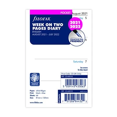 Image of Filofax Pocket Week on Two Pages English mid Year Diary August 21 July 22 (81 x 120mm)