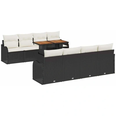 Image of vidaXL 9 Piece Garden Sofa Set with Cushions Black Poly Rattan Acacia
