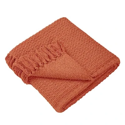Image of Drift Home Terracotta Throw with Tassel (180 x 130cm) Sustainable Recycled Cotton Woven Blanket in Basket Weaved Textured Sofa Orange Large