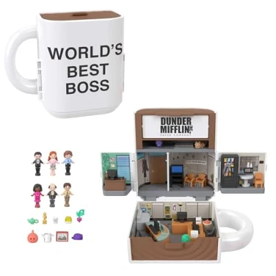 Image of Polly Pocket x The Office Compact Playset 6 Character Dolls and 9 Accessories, Collectible Partnership Toy, Coffee Mug Exterior, JCC19