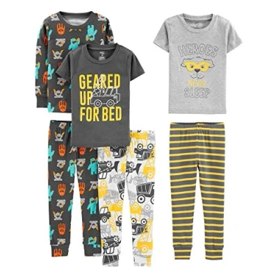Image of Simple Joys by Carter&#039;s Boys&#039; 6 Piece Snug Fit Cotton Pajama Set, Dark Grey Monster/Grey Heroes/White Trucks/Stripes, 3 Years (Pack of 3)