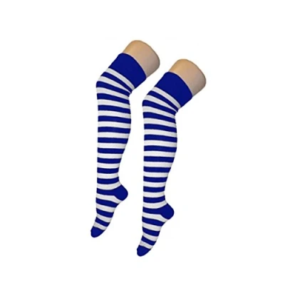 Image of Crazy Chick New Ladies Girls Stripe Stripy Striped Over The Knee Thigh High Long Socks Assorted Colours UK Size 4 6 (Blue &amp; White)