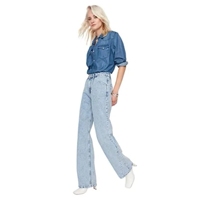 Image of Trendyol Women High Waist Wide Leg Jeans Light Blue