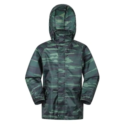 Image of Mountain Warehouse Pakka Kids Waterproof Jacket Wind Resistant, Lightweight,Breathable Rain Coat For Girls &amp; Boys, Packaway Bag Rain, Autumn, Winter Khaki 3 4 Years