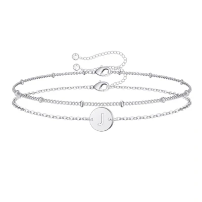 Image of TINGN Gifts for Teenage Girls Women, 14k White Gold Filled Letter J Initial Bracelet Layered Disc Charm Jewelry Silver Bracelets Women Teen Girl