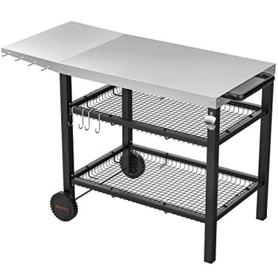Image of onlyfire Heavy Duty BBQ Trolley Food Prep table, Stainless Steel Flattop Worktable with Side Two layer Basket and Utensil Holder