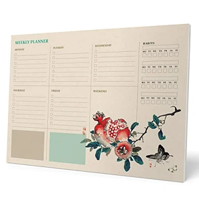 Image of Grupo Erik Japanese Art A4 Desk Pad with Daily, Weekly and Monthly Calendar Desktop Planner Note 54 Undated Tear Off Sheets 8.3 x 11.7 inches to Do List