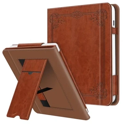 Image of Fintie Protective Case for Tolino Vision 6 (2021) / Kobo Libra 2 Stand Cover with Card Compartment, Hand Strap and Auto Sleep/Wake Function, Vintage Brown