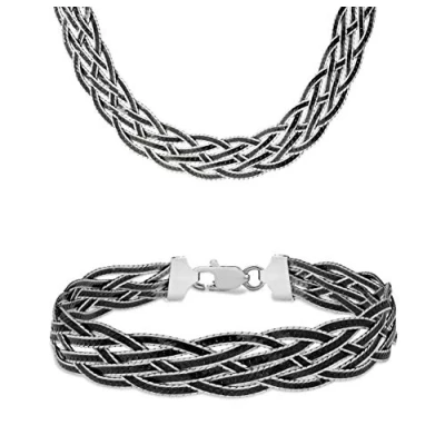 Image of Tuscany Silver Women&#039;s Sterling Oxidised Set of Herringbone Chain and Bracelet 43cm/17&quot; 19cm/7.5&quot;