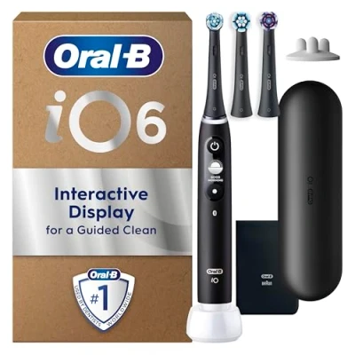 Image of Oral B iO6 Electric Toothbrushes For Adults, 3 Toothbrush Heads, Travel Case &amp; Head Holder, 5 Modes With Teeth Whitening, 2 Pin UK Plug, Black